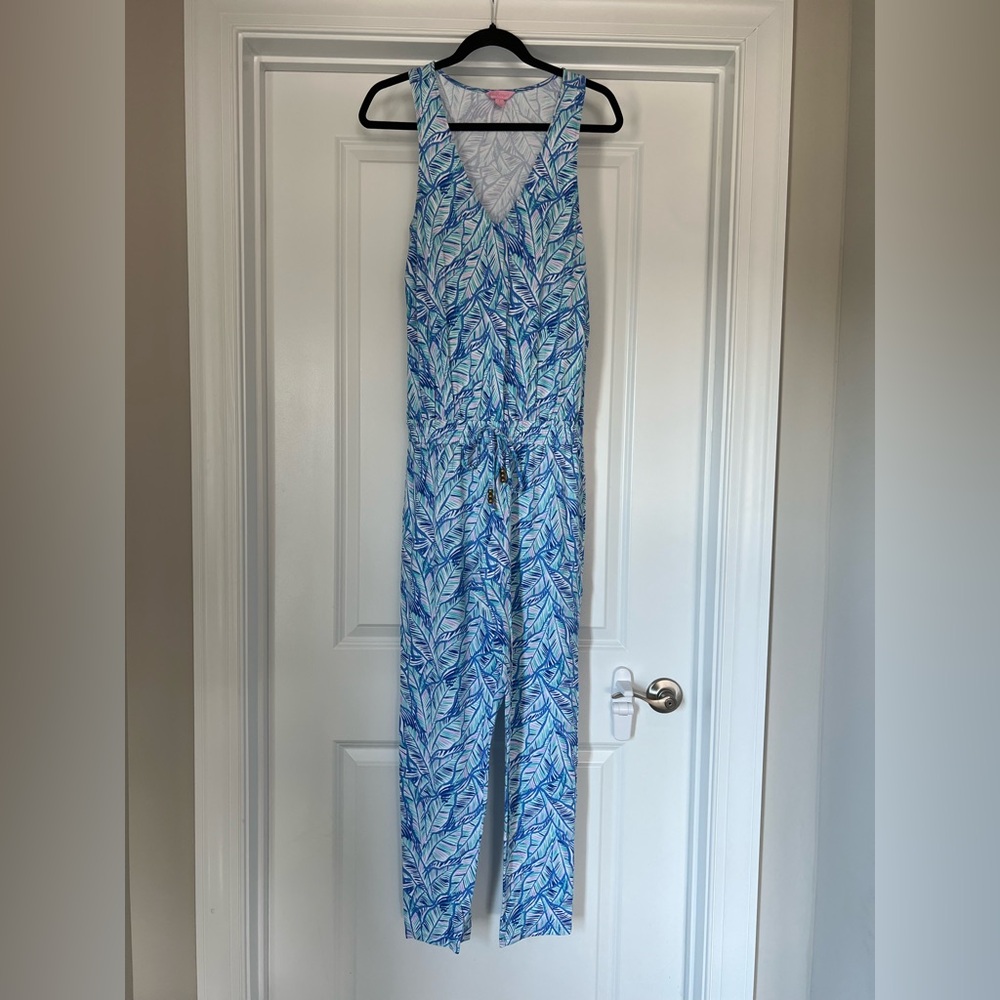 Lilly Pulitzer Blue and White Leaf Jumpsuit